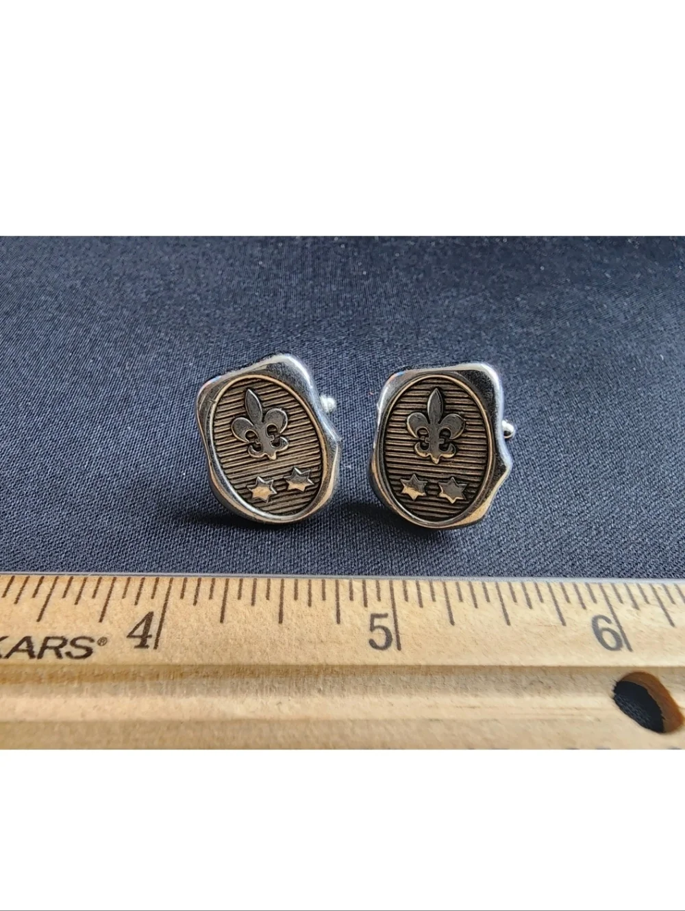 Vintage Cufflink Set Silver Tone Fleur De Lis Dual Star Used